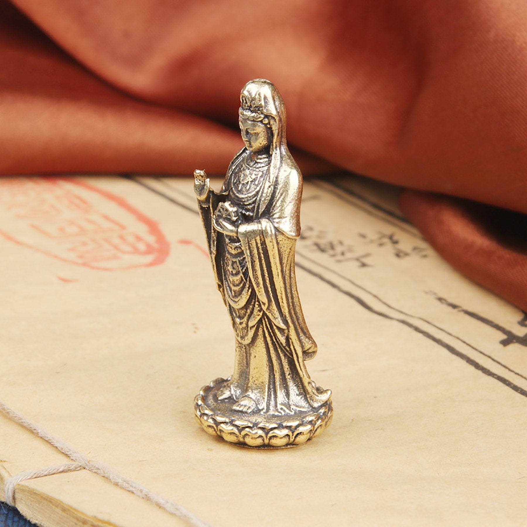Solid Brass South Sea Guan Yin Statue Miniature Feng Shui Wealth Kwan Yin Spiritual Meditation Decor for Prosperity Tranquility - Loton Decor