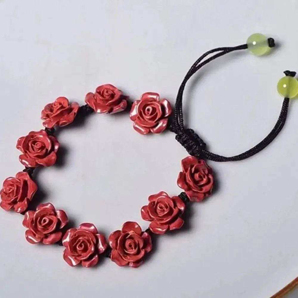 Cinnabar Rose Charm Bracelet – 12mm Lucky Crystal Beads - Loton Decor