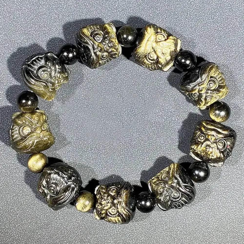 Gold Obsidian Lion Head Bracelet – Feng Shui Wealth Amulet - Loton Decor