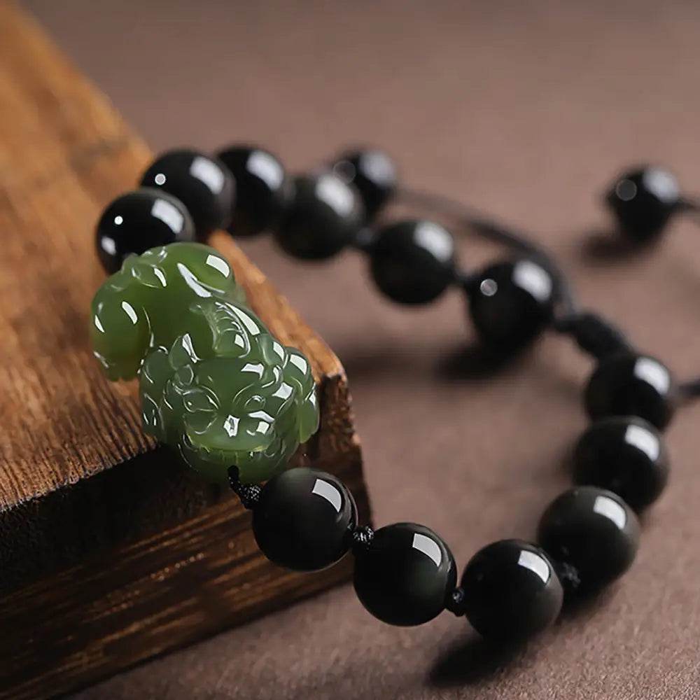 Nephrite Jade Pi Xiu Bracelet Golden Sheen Obsidian Beaded Stretchy Hand-Woven Crystal Bracelet for Money Windfall - Loton Decor