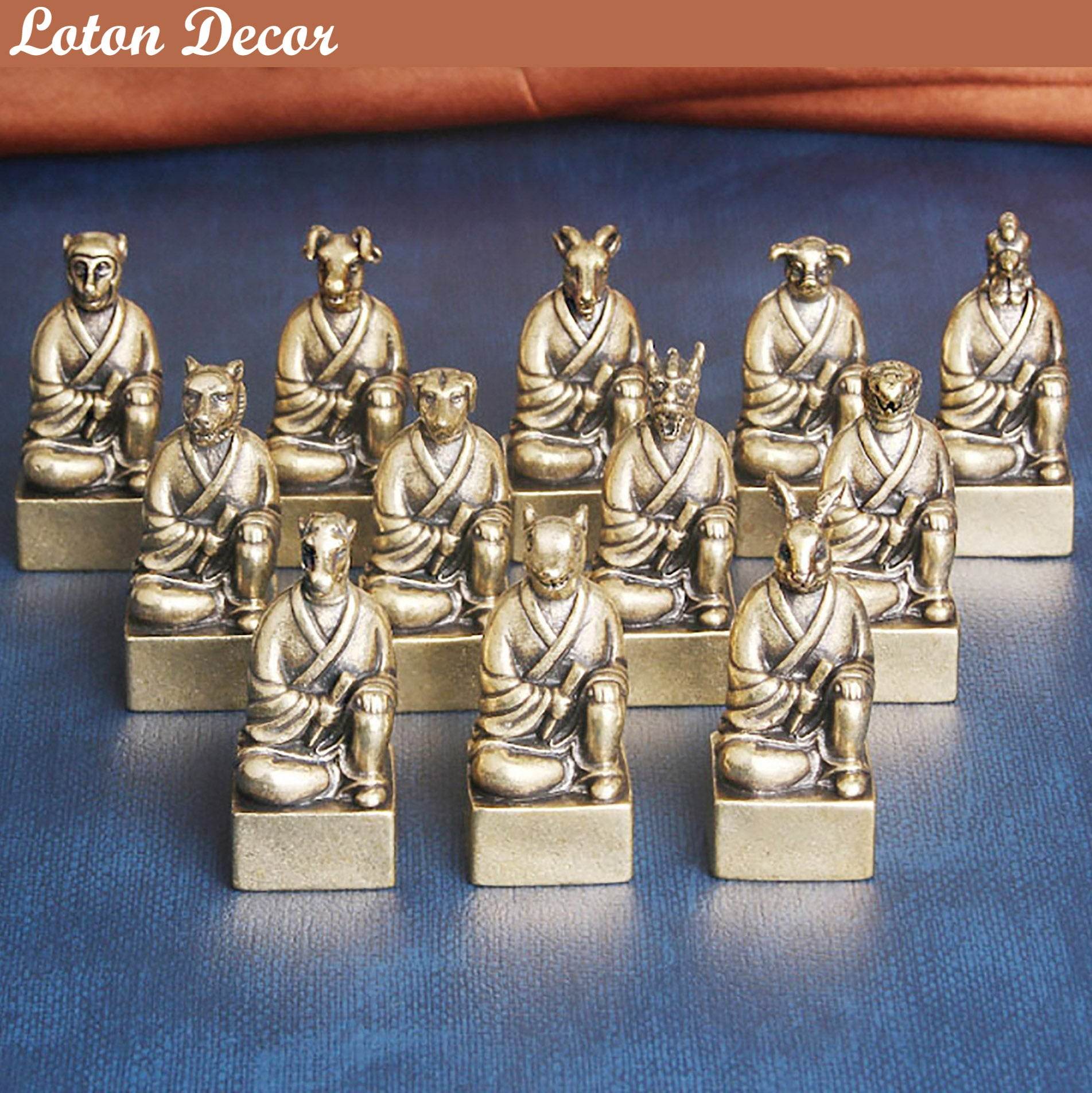 Brass 12 Zodiac Animals Signet Spiritual Animal Figurine Stamps Feng Shui Wealth Longevity Amulet - Loton Decor