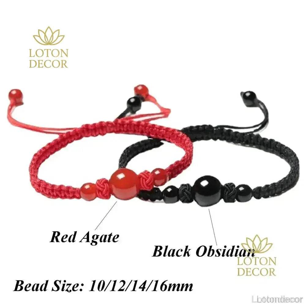 2Pcs Obsidian & Red String Bracelets – Lucky Crystal Set - Loton Decor