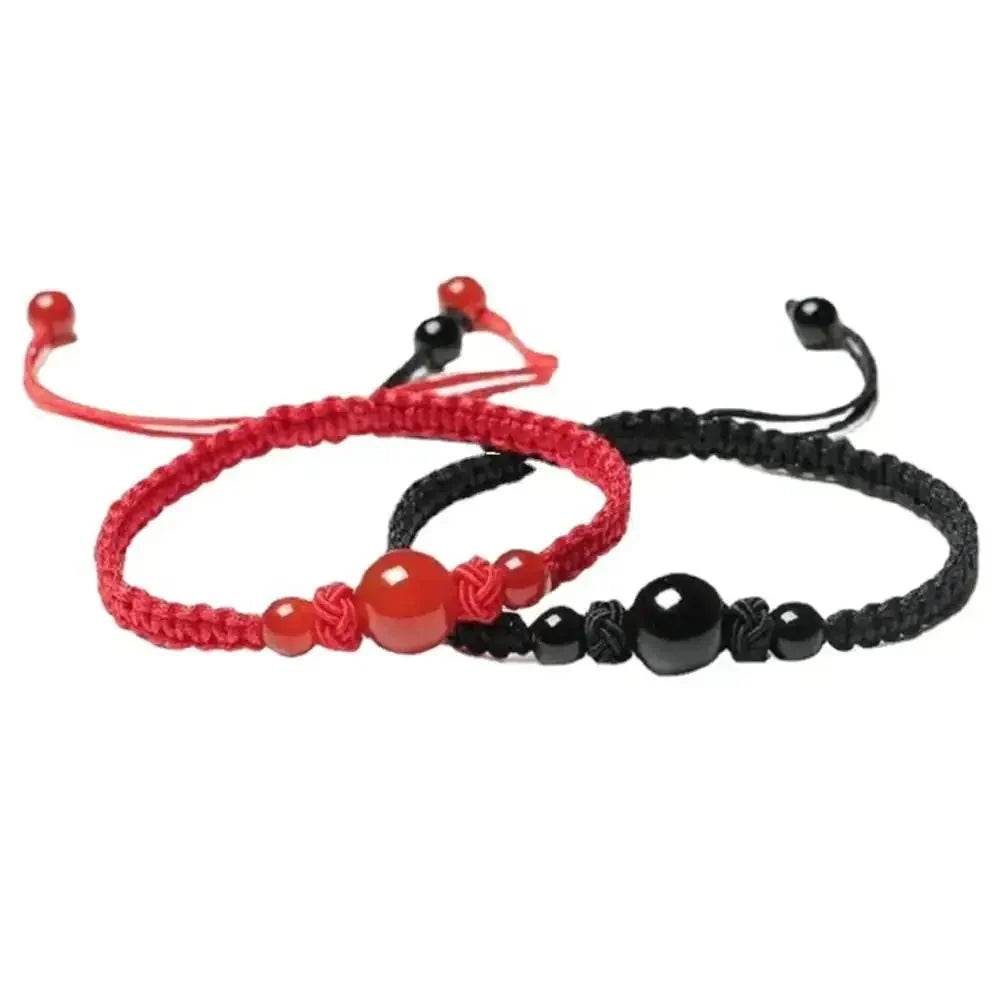 2Pcs Obsidian & Red String Bracelets – Lucky Crystal Set - Loton Decor