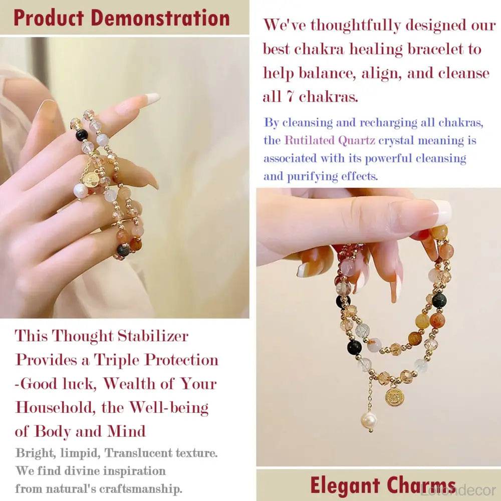 7 Chakra Healing Gold Rutilated Crystal Bracelet Multi-Gem Feng Shui Wealth Amulet for Money Positivity Success - Loton Decor
