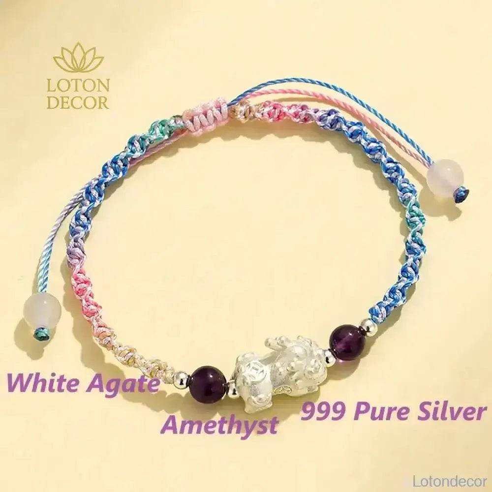 999 Pure Silver Pixiu Bracelet Multi-Color Cord Natural Crystal Spacers Feng Shui Pi Yao Lucky Charm - Loton Decor