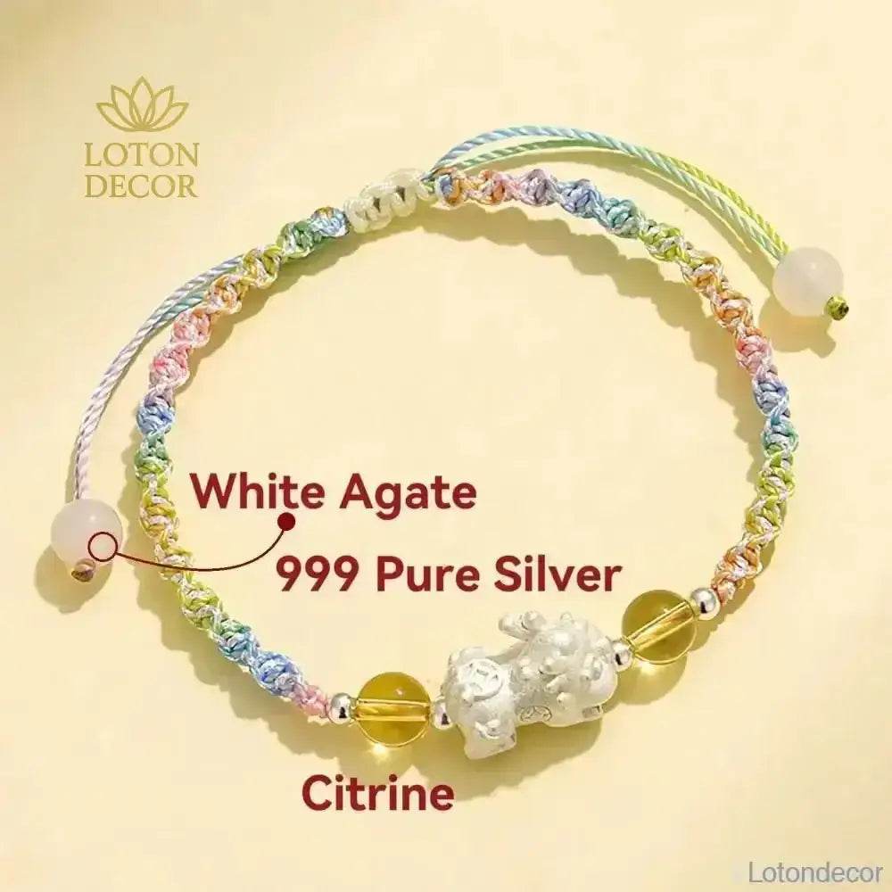 999 Pure Silver Pixiu Bracelet Multi-Color Cord Natural Crystal Spacers Feng Shui Pi Yao Lucky Charm - Loton Decor
