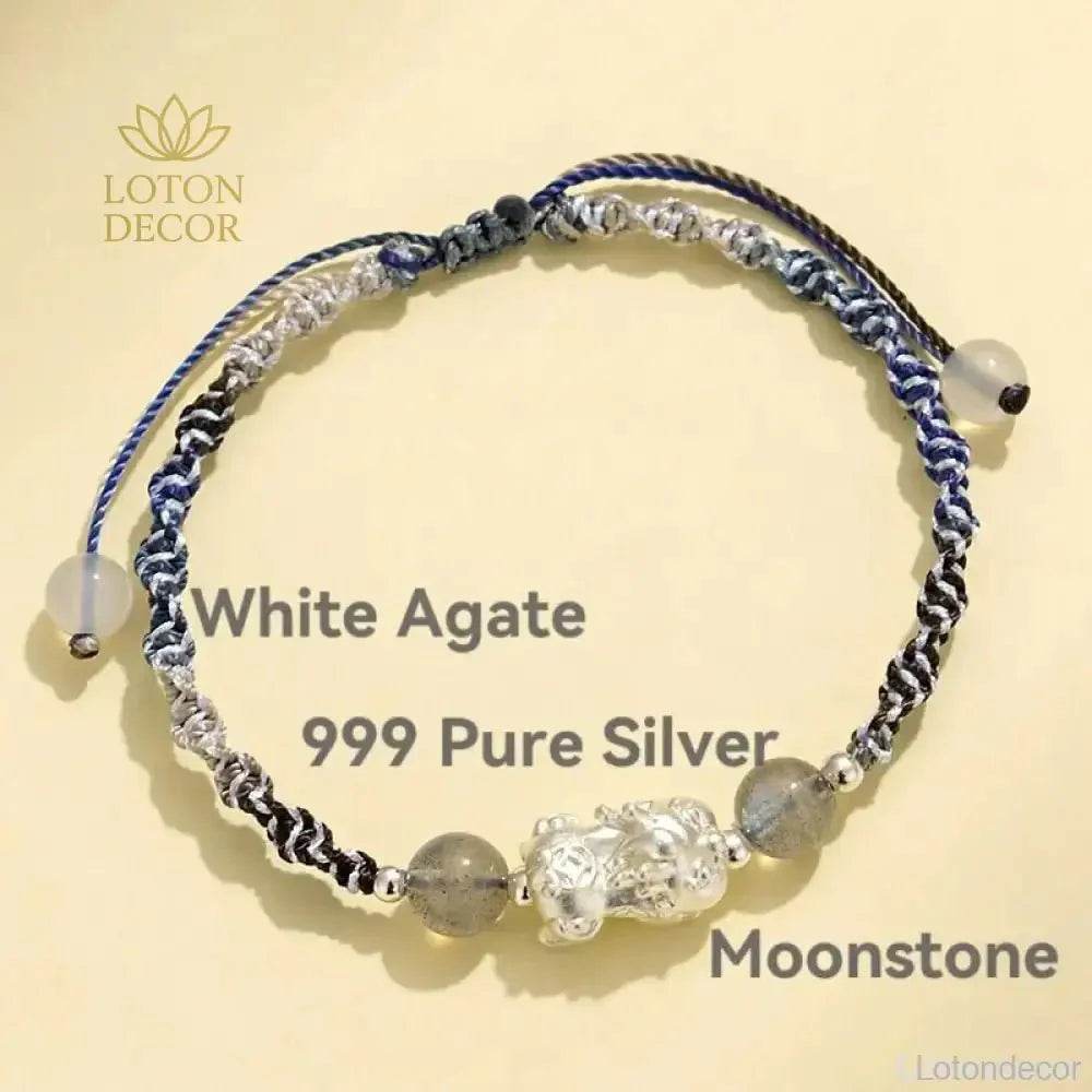 999 Pure Silver Pixiu Bracelet Multi-Color Cord Natural Crystal Spacers Feng Shui Pi Yao Lucky Charm - Loton Decor