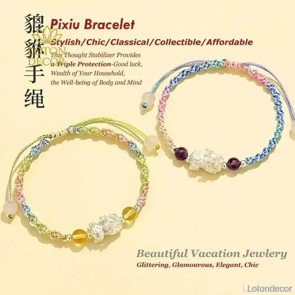 999 Pure Silver Pixiu Bracelet Multi-Color Cord Natural Crystal Spacers Feng Shui Pi Yao Lucky Charm - Loton Decor
