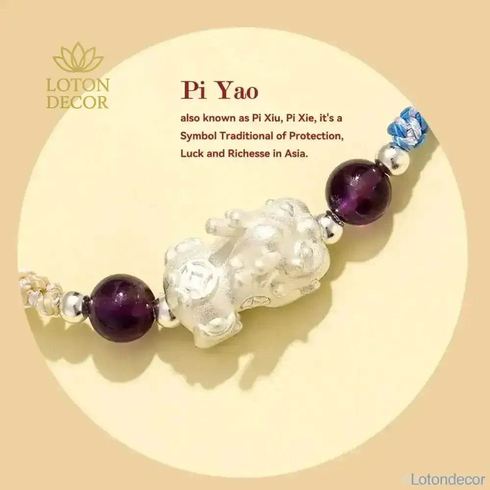 999 Pure Silver Pixiu Bracelet Multi-Color Cord Natural Crystal Spacers Feng Shui Pi Yao Lucky Charm - Loton Decor