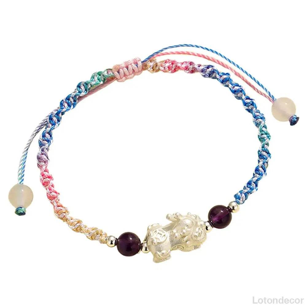 999 Pure Silver Pixiu Bracelet Multi-Color Cord Natural Crystal Spacers Feng Shui Pi Yao Lucky Charm - Loton Decor