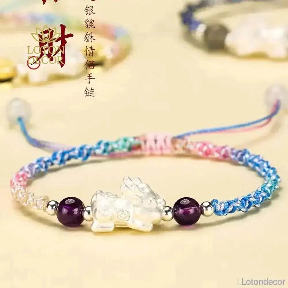 999 Pure Silver Pixiu Bracelet Multi-Color Cord Natural Crystal Spacers Feng Shui Pi Yao Lucky Charm - Loton Decor