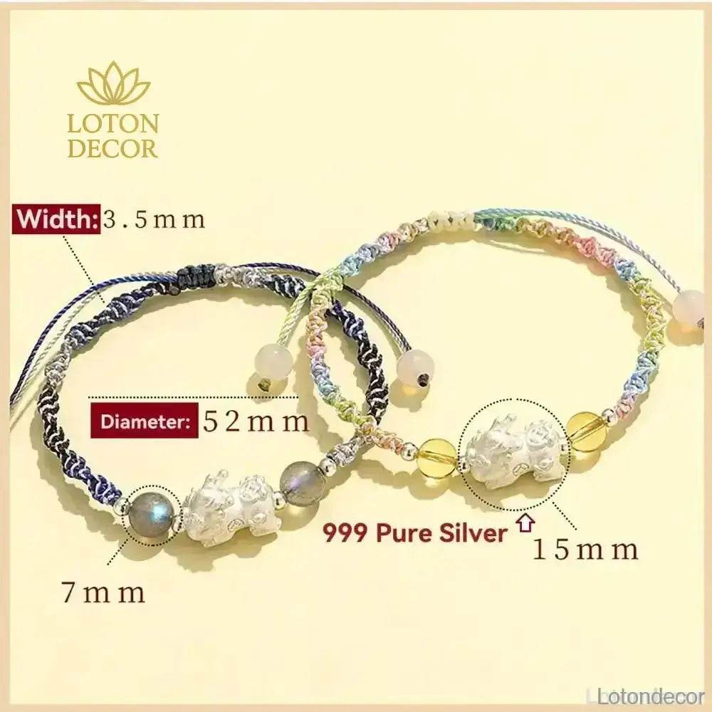 999 Pure Silver Pixiu Bracelet Multi-Color Cord Natural Crystal Spacers Feng Shui Pi Yao Lucky Charm - Loton Decor