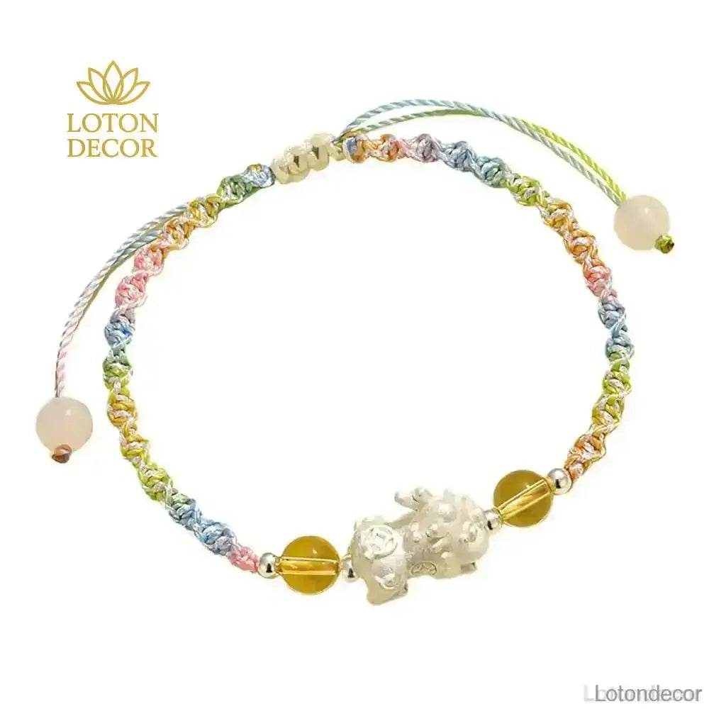 999 Pure Silver Pixiu Bracelet Multi-Color Cord Natural Crystal Spacers Feng Shui Pi Yao Lucky Charm - Loton Decor