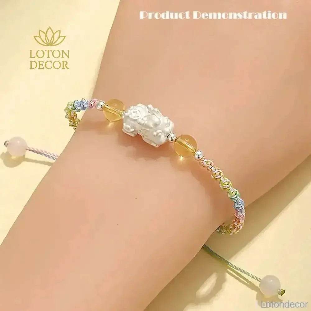 999 Pure Silver Pixiu Bracelet Multi-Color Cord Natural Crystal Spacers Feng Shui Pi Yao Lucky Charm - Loton Decor