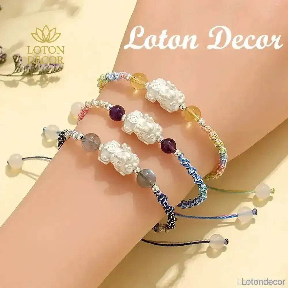 999 Pure Silver Pixiu Bracelet Multi-Color Cord Natural Crystal Spacers Feng Shui Pi Yao Lucky Charm - Loton Decor