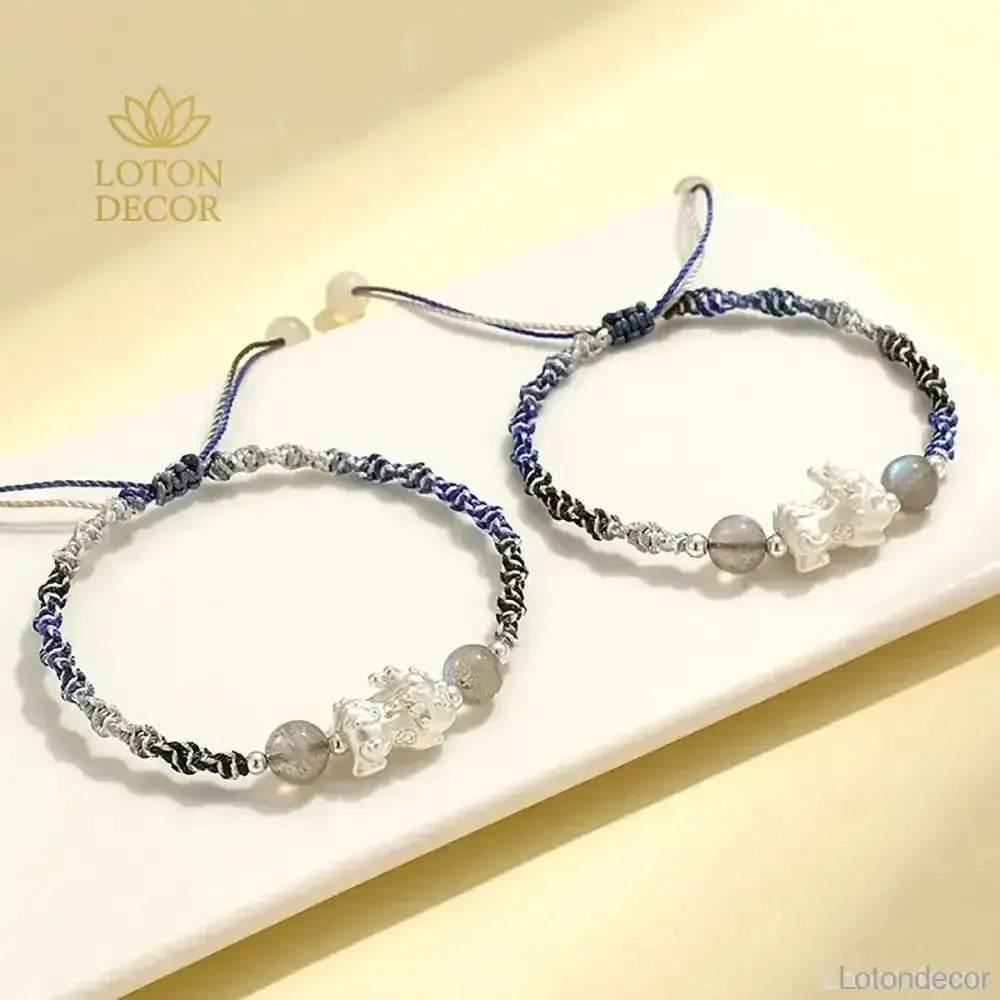 999 Pure Silver Pixiu Bracelet Multi-Color Cord Natural Crystal Spacers Feng Shui Pi Yao Lucky Charm - Loton Decor
