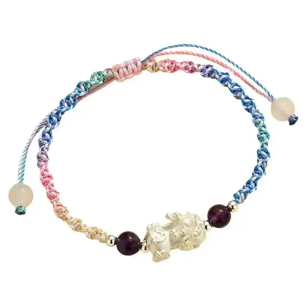 999 Pure Silver Pixiu Bracelet Multi-Color Cord Natural Crystal Spacers Feng Shui Pi Yao Lucky Charm - Loton Decor