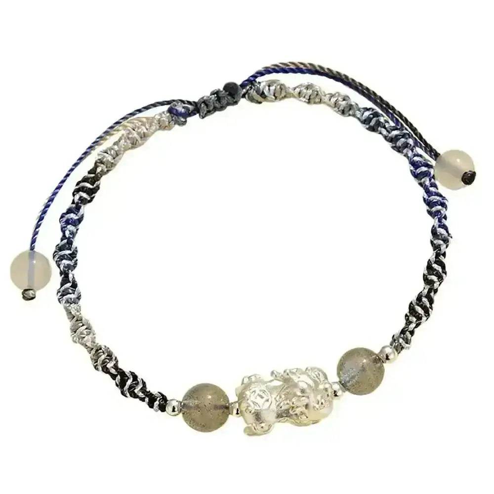 999 Pure Silver Pixiu Bracelet Multi-Color Cord Natural Crystal Spacers Feng Shui Pi Yao Lucky Charm - Loton Decor