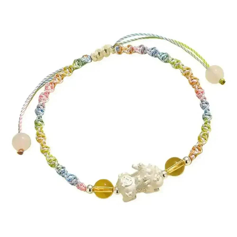 999 Pure Silver Pixiu Bracelet Multi-Color Cord Natural Crystal Spacers Feng Shui Pi Yao Lucky Charm - Loton Decor