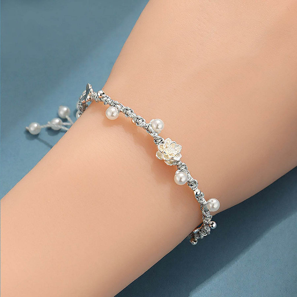 925 Pure Silver Lotus Bracelet Shell Pearls Hand-Woven Feng Shui Wealth Bracelet Meditation - Loton Decor
