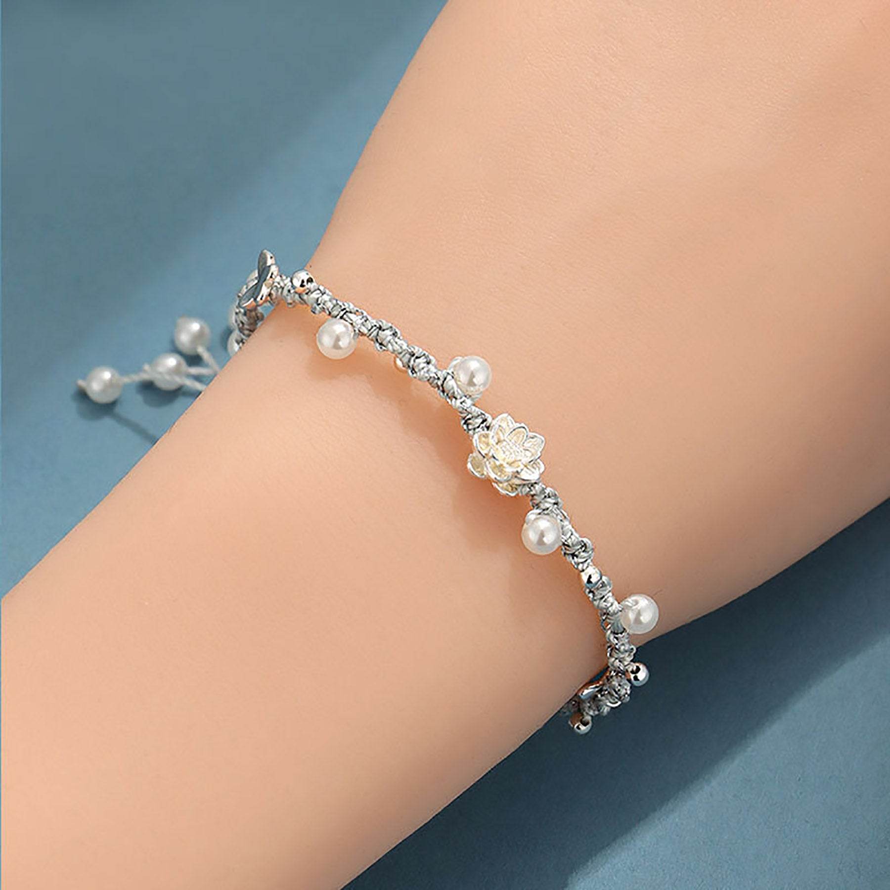 925 Pure Silver Lotus Bracelet Shell Pearls Hand-Woven Feng Shui Wealth Bracelet Meditation - Loton Decor