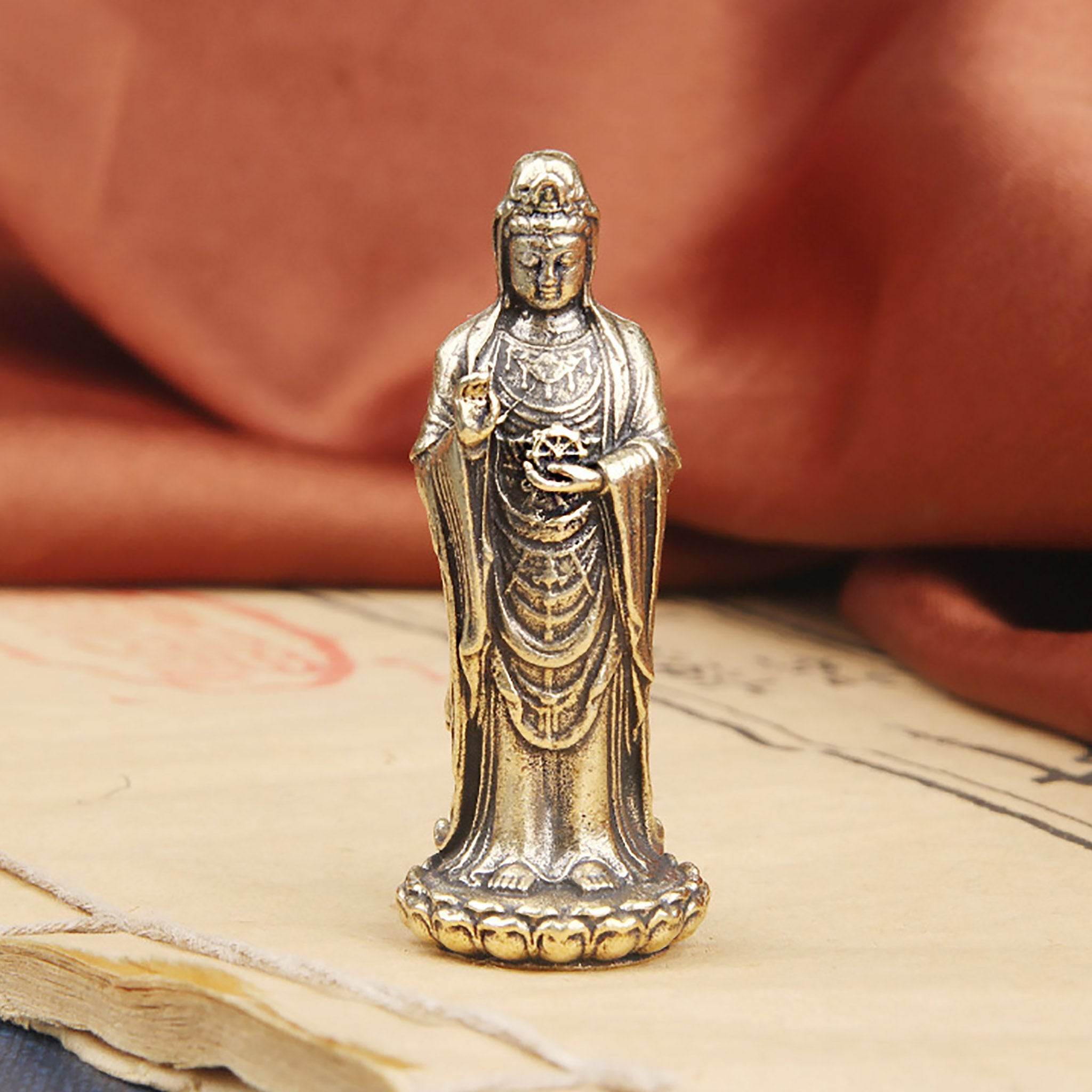 Solid Brass South Sea Guan Yin Statue Miniature Feng Shui Wealth Kwan Yin Spiritual Meditation Decor for Prosperity Tranquility - Loton Decor