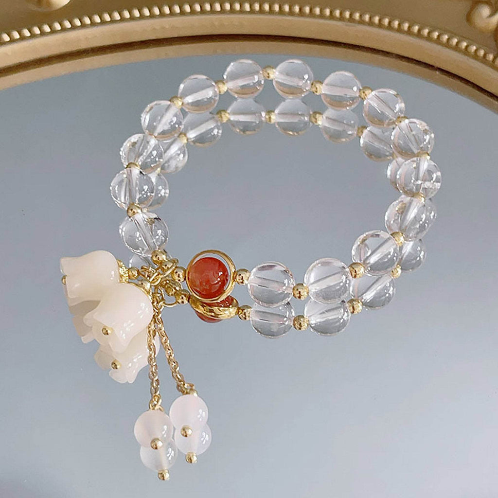 Clear Quartz Bracelet Lily Rose Flower Charm Feng Shui Wealth Crystal Bracelet for Prosperity Money - Loton Decor