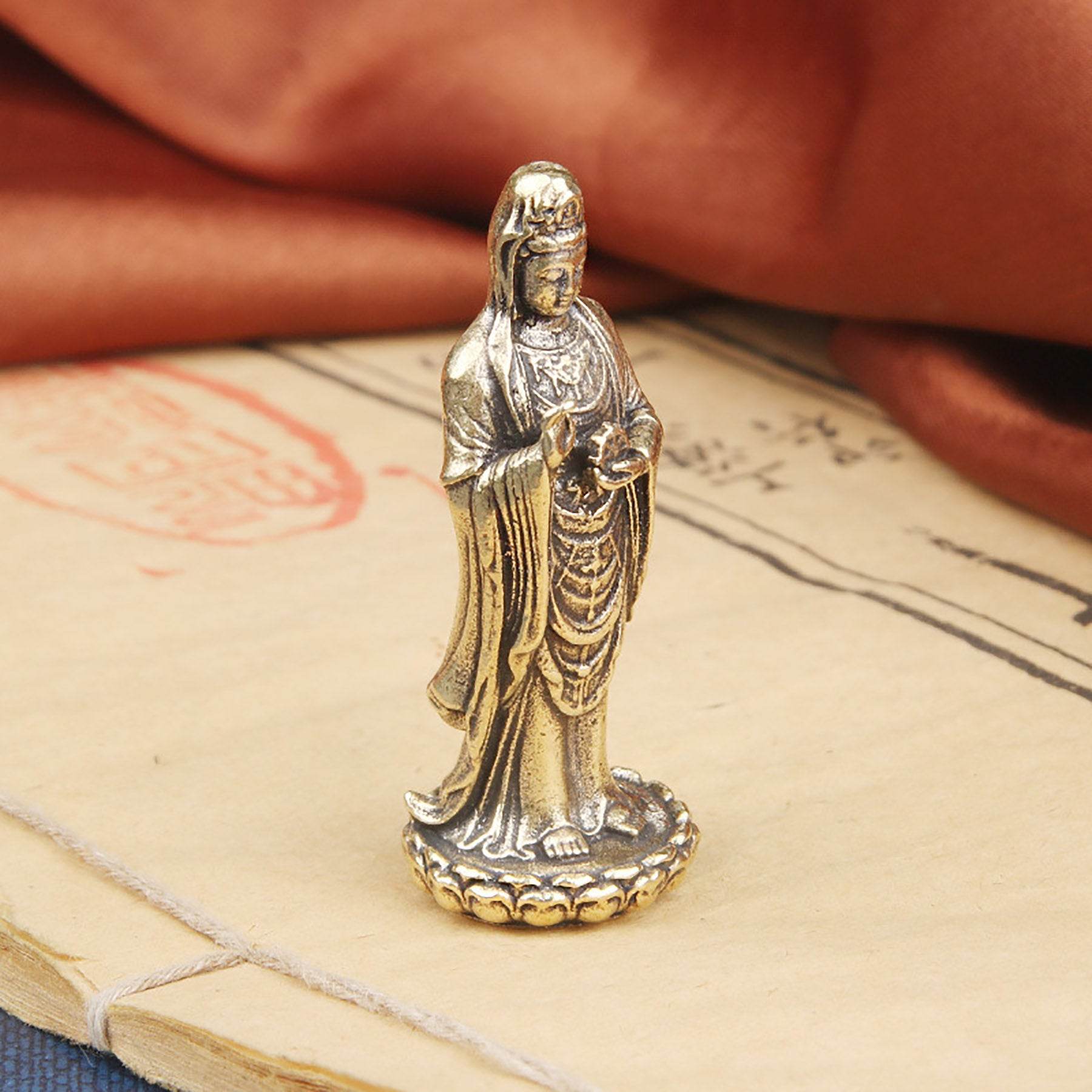Solid Brass South Sea Guan Yin Statue Miniature Feng Shui Wealth Kwan Yin Spiritual Meditation Decor for Prosperity Tranquility - Loton Decor