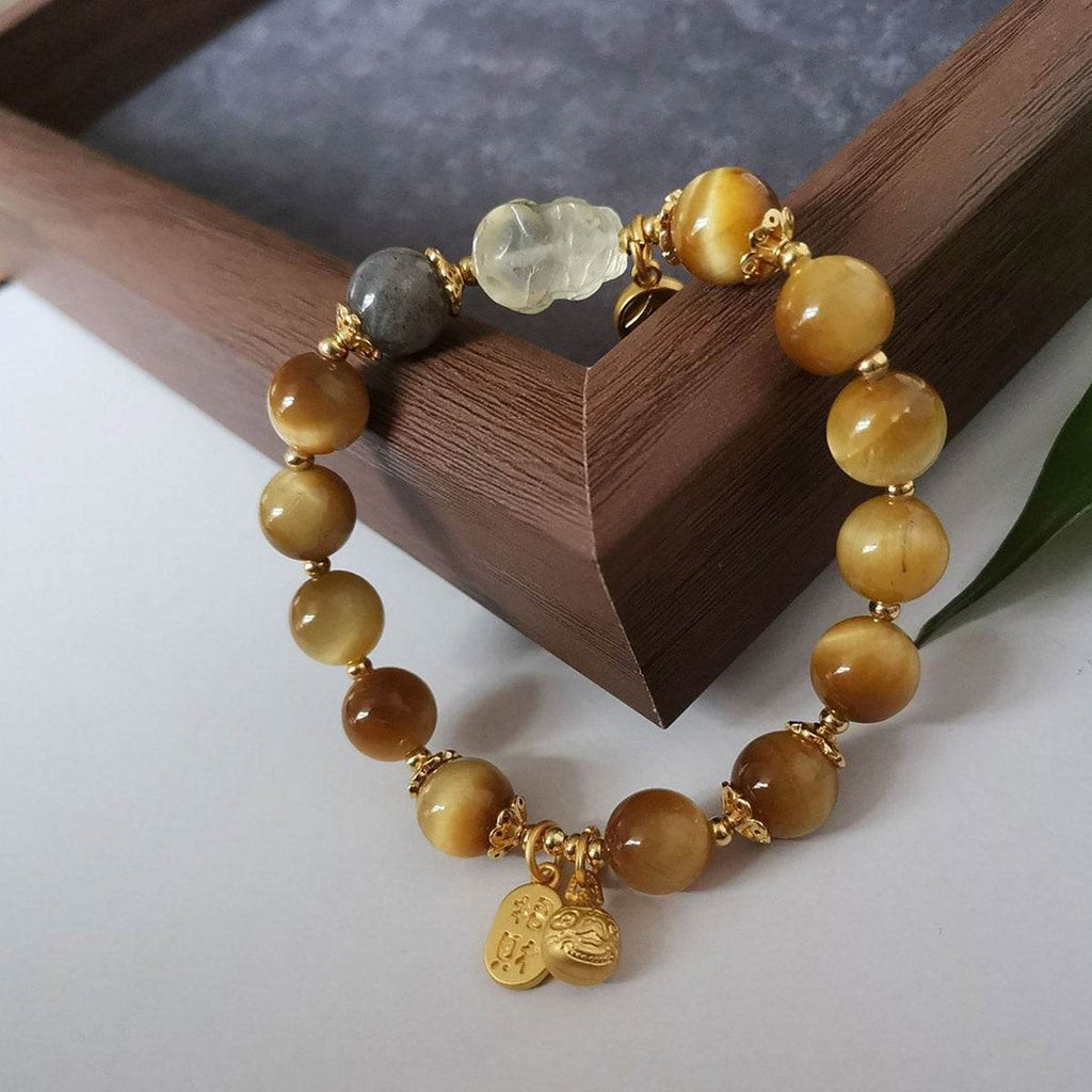 Overlord Pi Xiu Tiger Eye Stone Bracelet Golden Wealth Attraction Animal Feng Shui Bracelet for Money - Loton Decor
