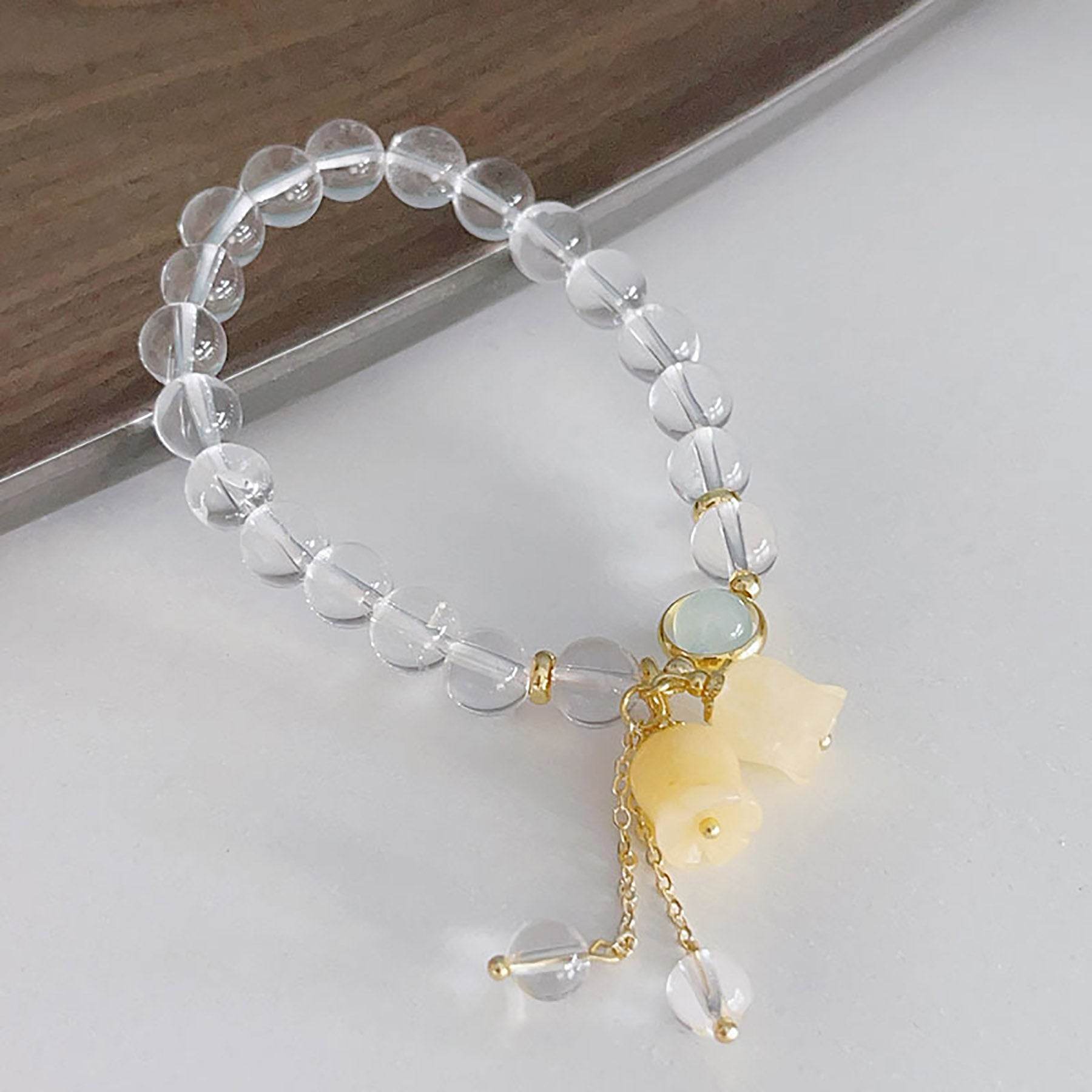 Clear Quartz Bracelet Lily Rose Flower Charm Feng Shui Wealth Crystal Bracelet for Prosperity Money - Loton Decor