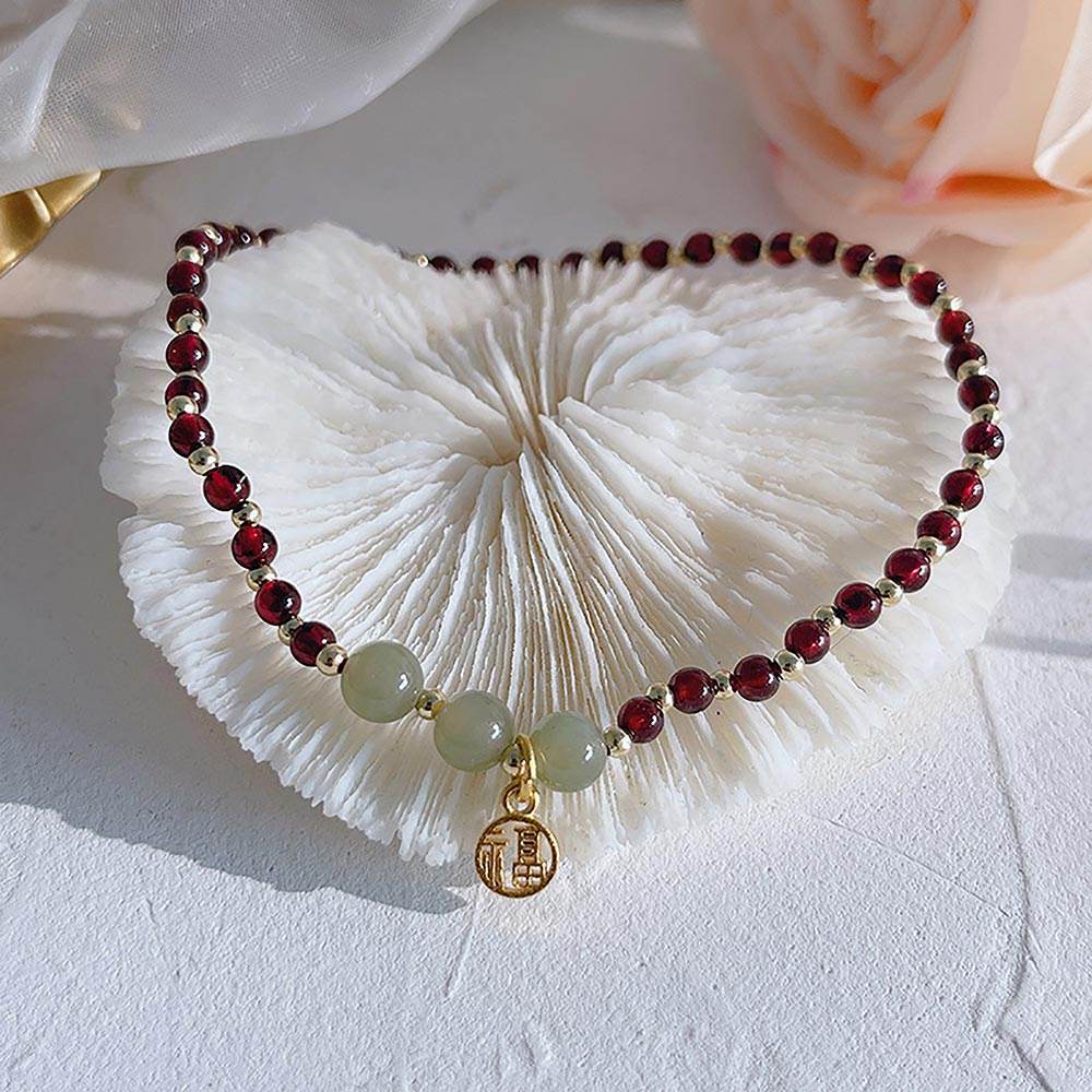 Garnet Anklet Purple Teeth Garnet Golden Charm Feng Shui Wealth Ankle Bracelet Crystal Healing Chakra Gem Bracelet - Loton Decor