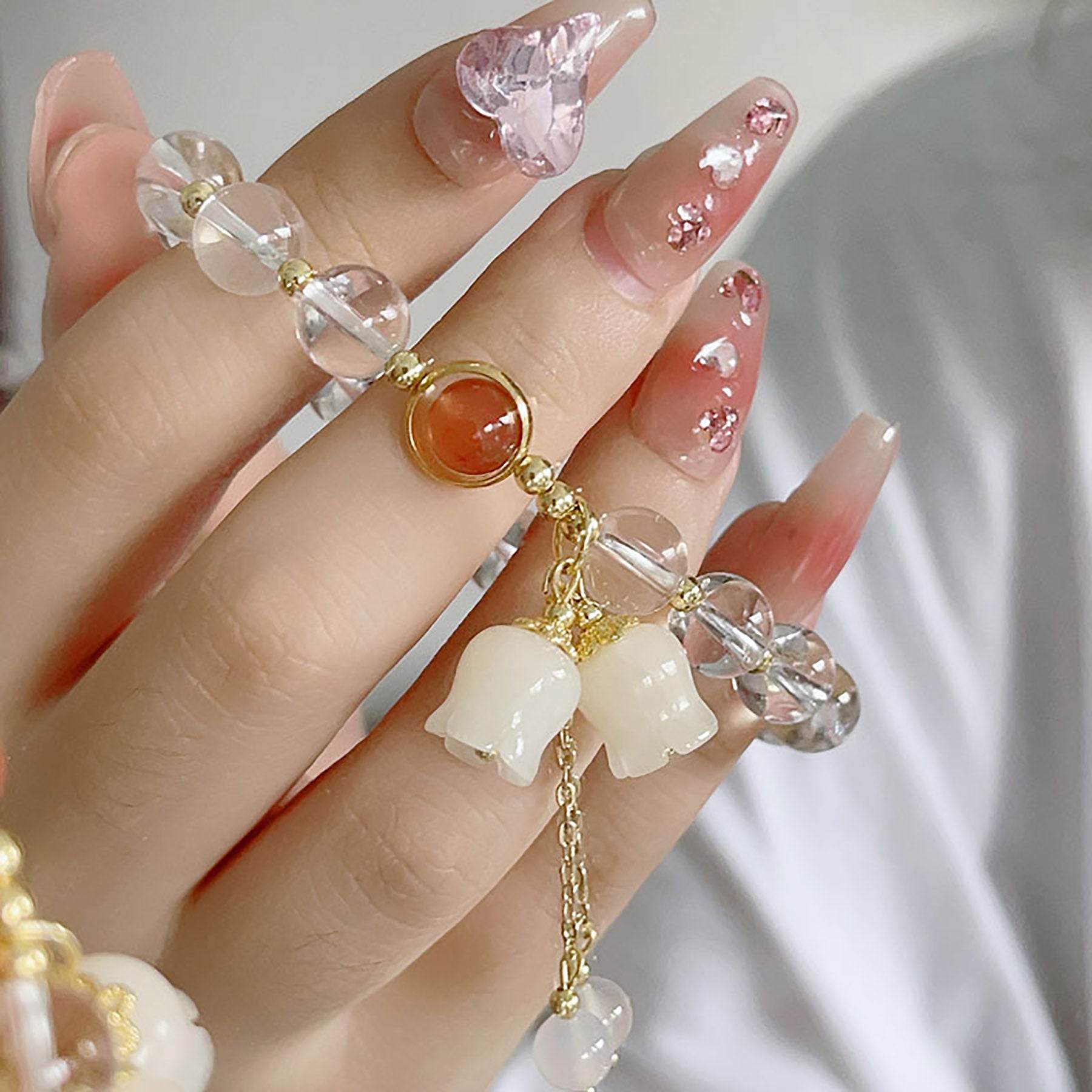 Clear Quartz Bracelet Lily Rose Flower Charm Feng Shui Wealth Crystal Bracelet for Prosperity Money - Loton Decor