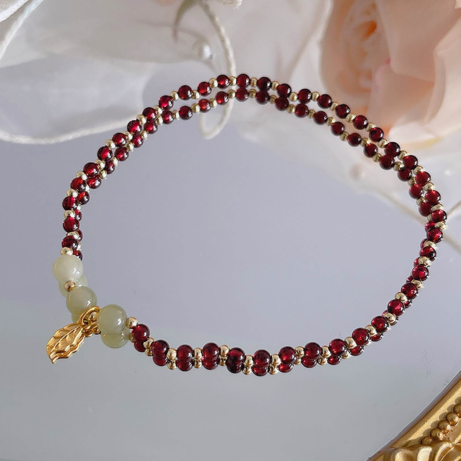 Garnet Anklet Purple Teeth Garnet Golden Charm Feng Shui Wealth Ankle Bracelet Crystal Healing Chakra Gem Bracelet - Loton Decor