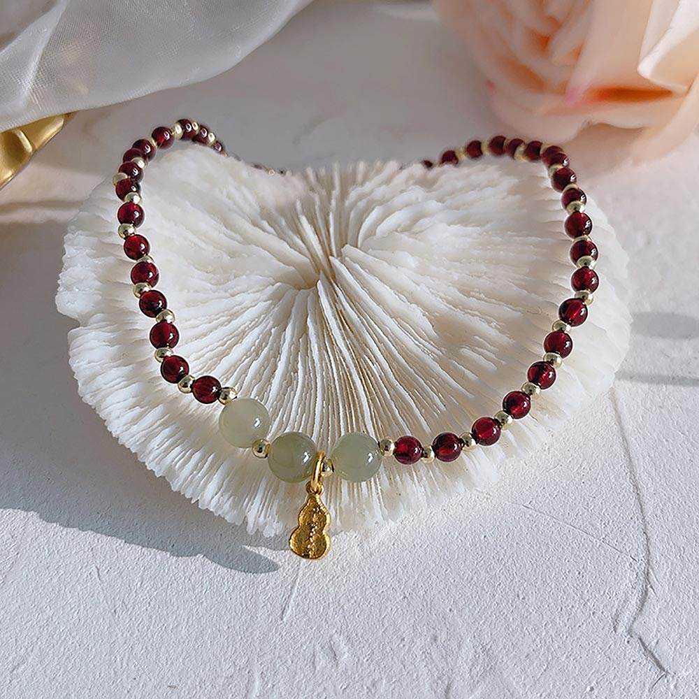 Garnet Anklet Purple Teeth Garnet Golden Charm Feng Shui Wealth Ankle Bracelet Crystal Healing Chakra Gem Bracelet - Loton Decor