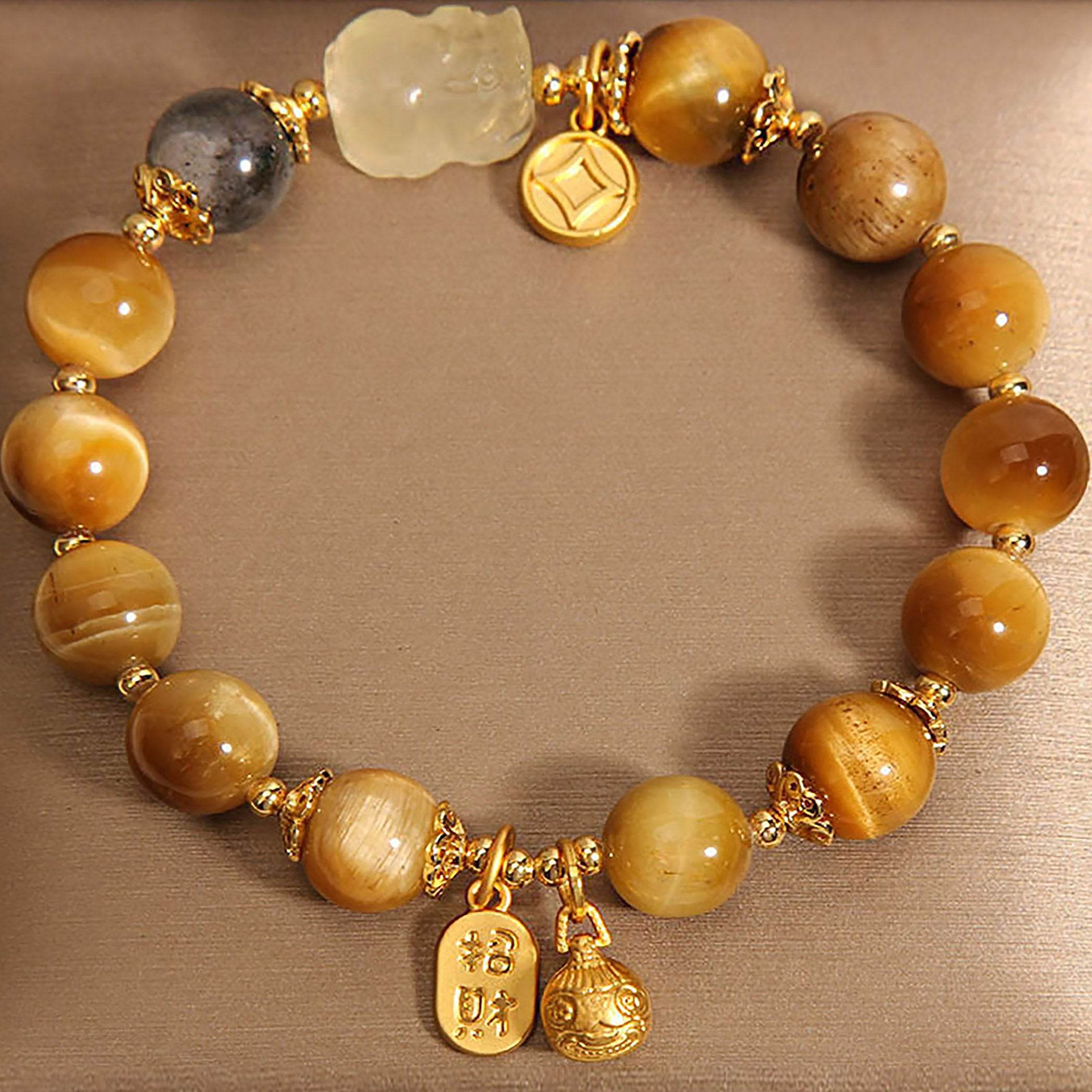Overlord Pi Xiu Tiger Eye Stone Bracelet Golden Wealth Attraction Animal Feng Shui Bracelet for Money - Loton Decor