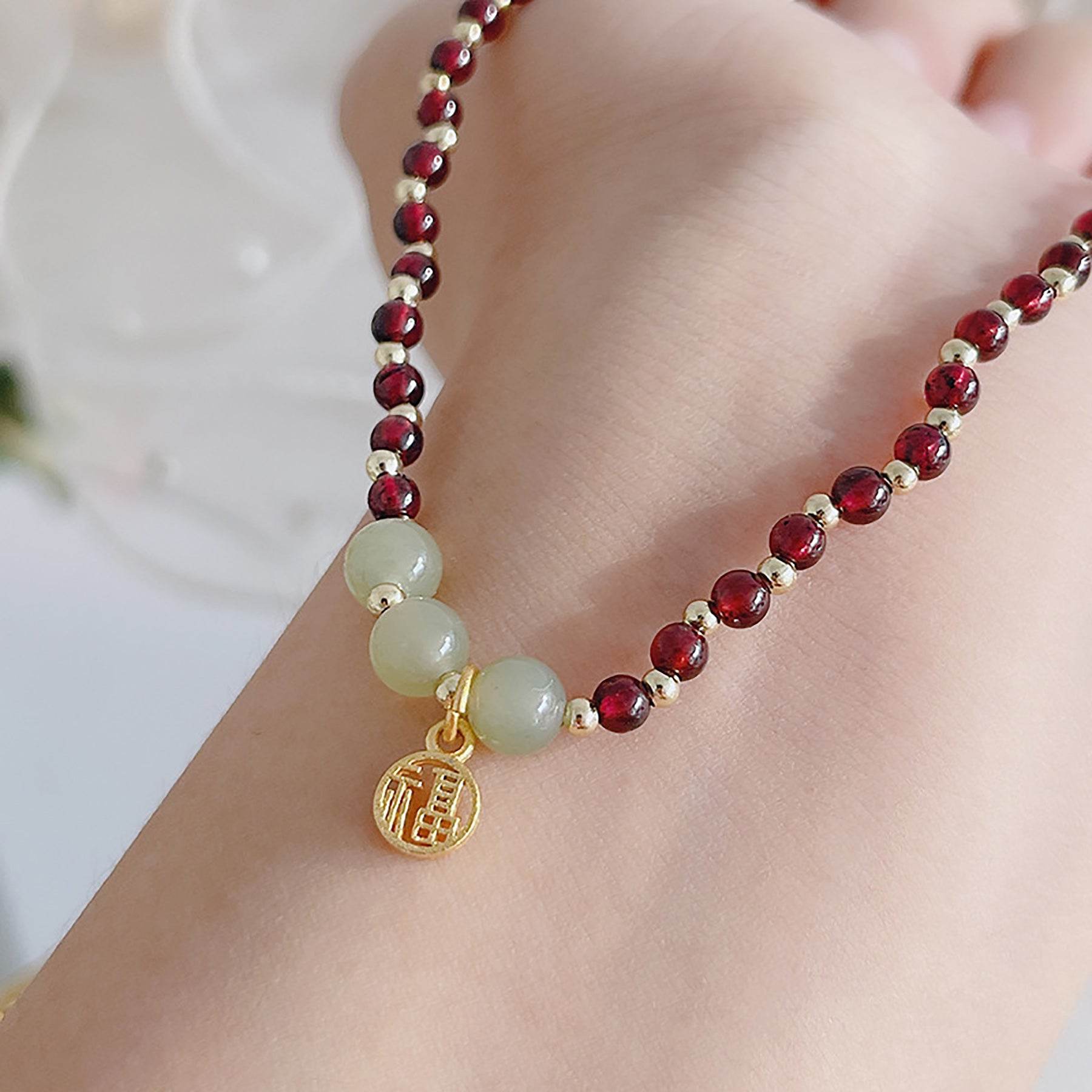 Garnet Anklet Purple Teeth Garnet Golden Charm Feng Shui Wealth Ankle Bracelet Crystal Healing Chakra Gem Bracelet - Loton Decor
