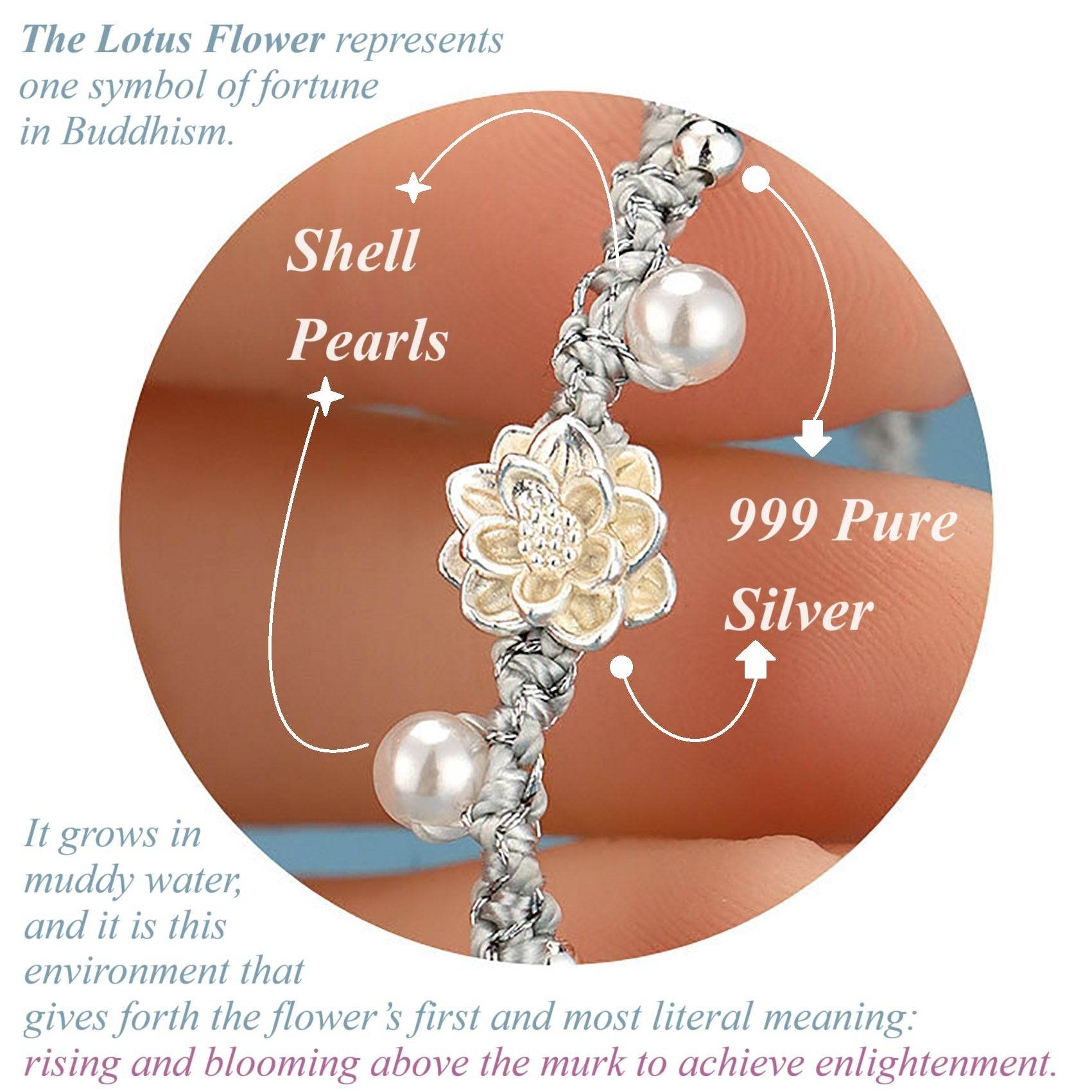 925 Pure Silver Lotus Bracelet Shell Pearls Hand-Woven Feng Shui Wealth Bracelet Meditation - Loton Decor