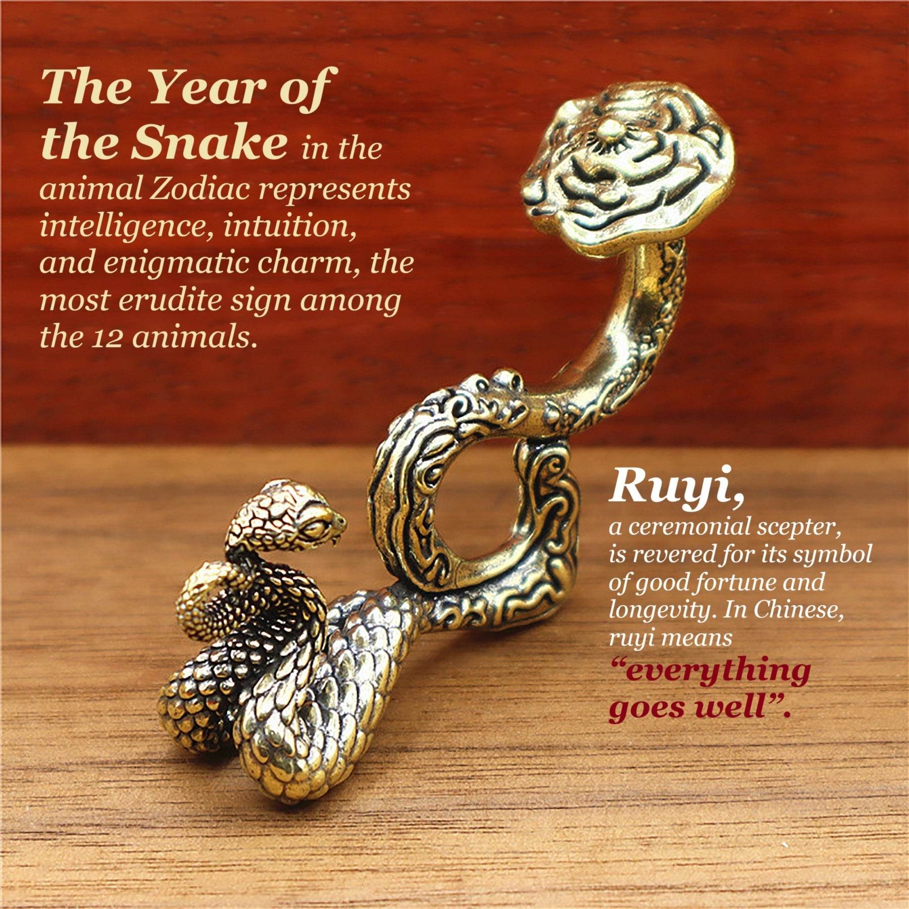 Solid Brass Snake Wealth Statue Holding Ruyi Talisman for 2025 Zodiac Spiritual Animal Smooth Luck Metal Art Prosperity - Loton Decor