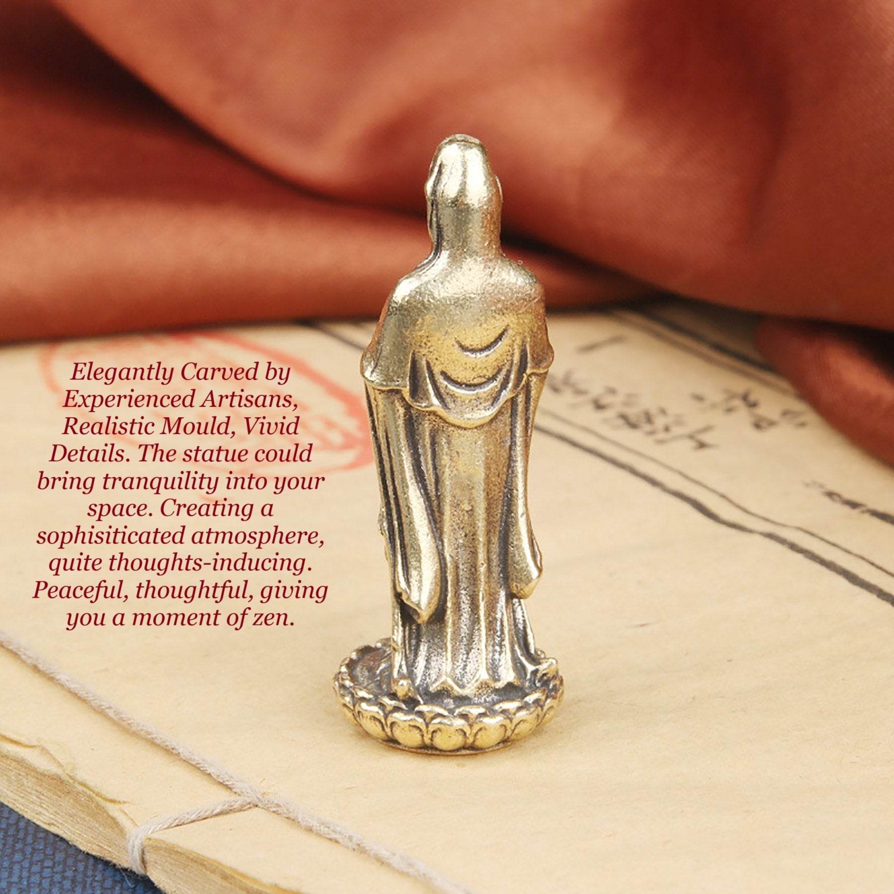 Solid Brass South Sea Guan Yin Statue Miniature Feng Shui Wealth Kwan Yin Spiritual Meditation Decor for Prosperity Tranquility - Loton Decor