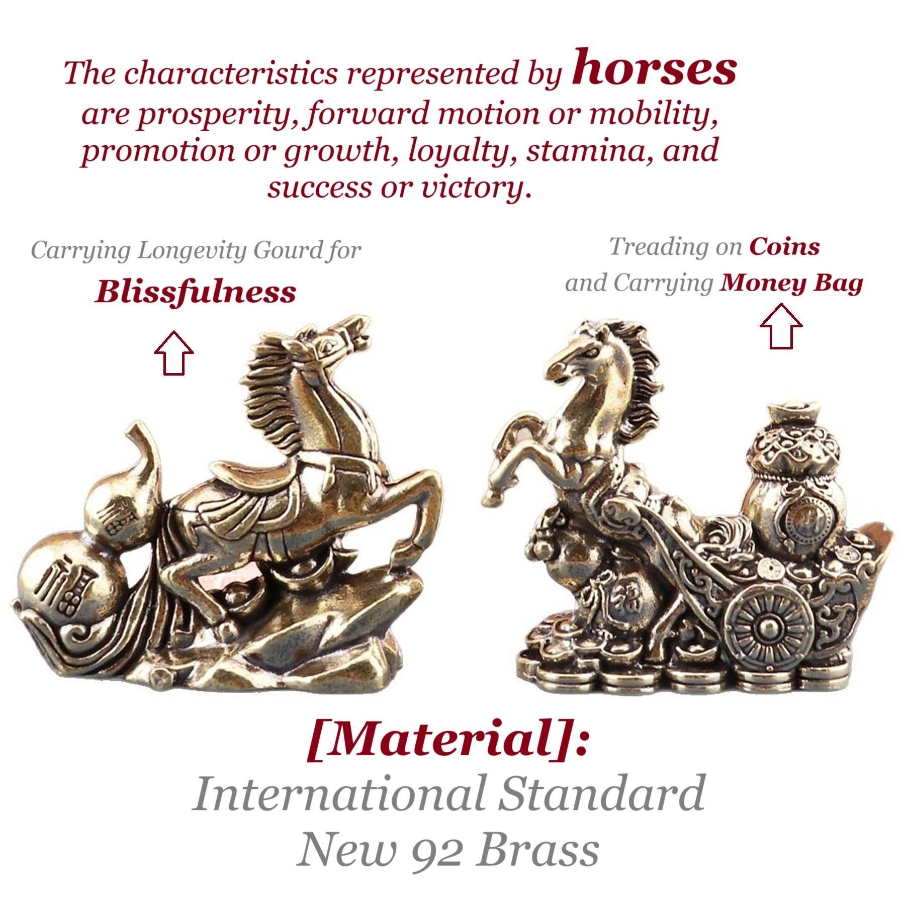 Gallop Horse Solid Brass Wealth Statue Chariot Feng Shui Talisman Longevity Gourd Money Bag Zodiac Spiritual Animal - Loton Decor