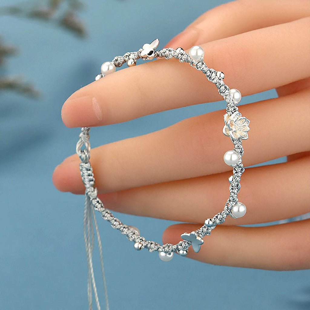 925 Pure Silver Lotus Bracelet Shell Pearls Hand-Woven Feng Shui Wealth Bracelet Meditation - Loton Decor