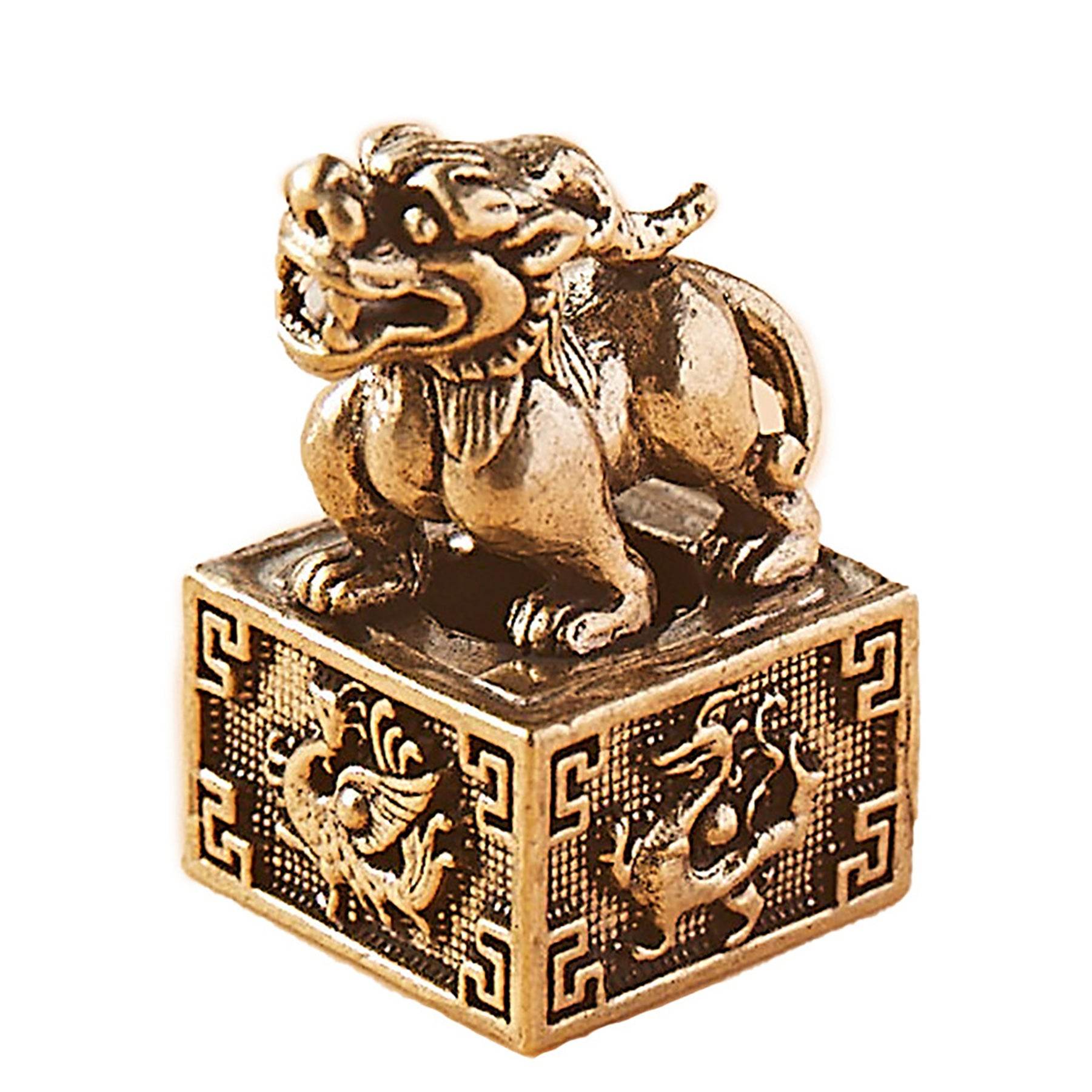 Brass Tibetan Lion Signet Cute Spiritual Auspicious Animal Figurine Stamps Fu Dog Feng Shui Wealth Amulet Five Emperors Coins - Loton Decor