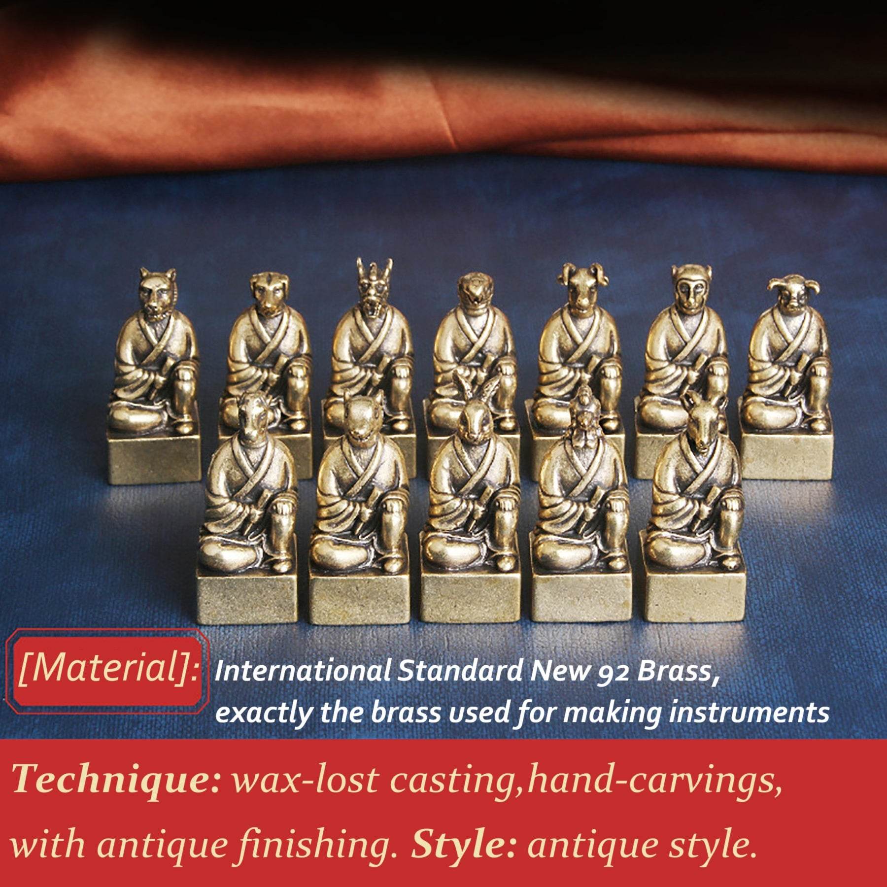 Brass 12 Zodiac Animals Signet Spiritual Animal Figurine Stamps Feng Shui Wealth Longevity Amulet - Loton Decor