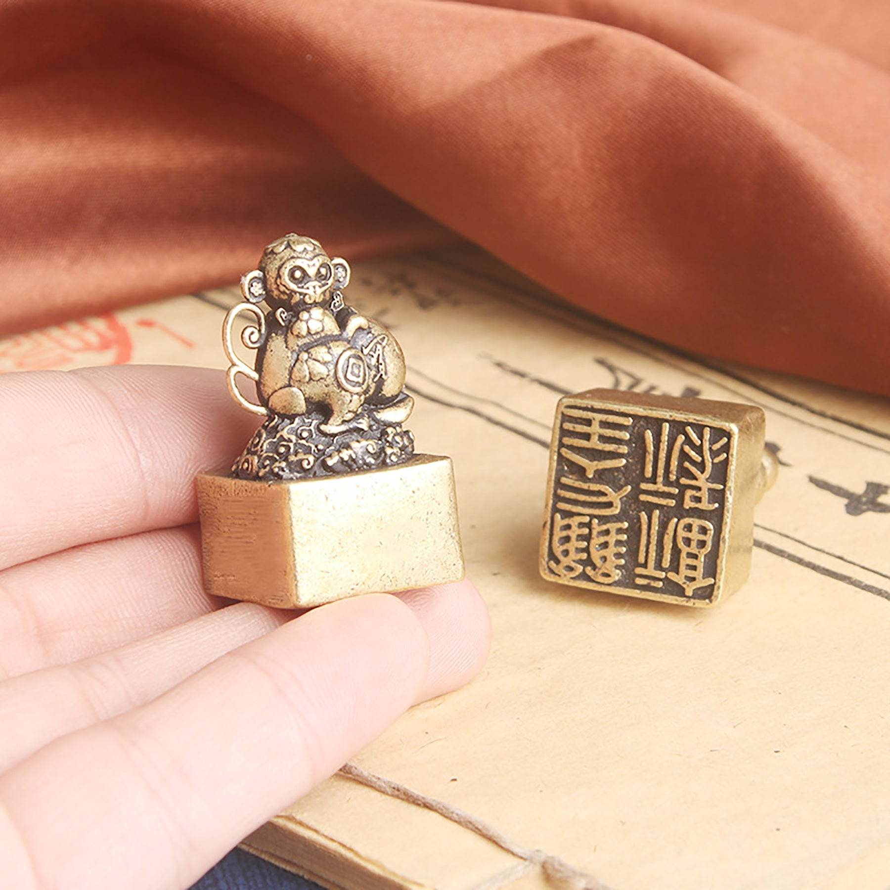 Brass Monkey Signet Cute Spiritual Zodiac Animal Stamps Feng Shui Gourd Peach Longevity Amulet - Loton Decor
