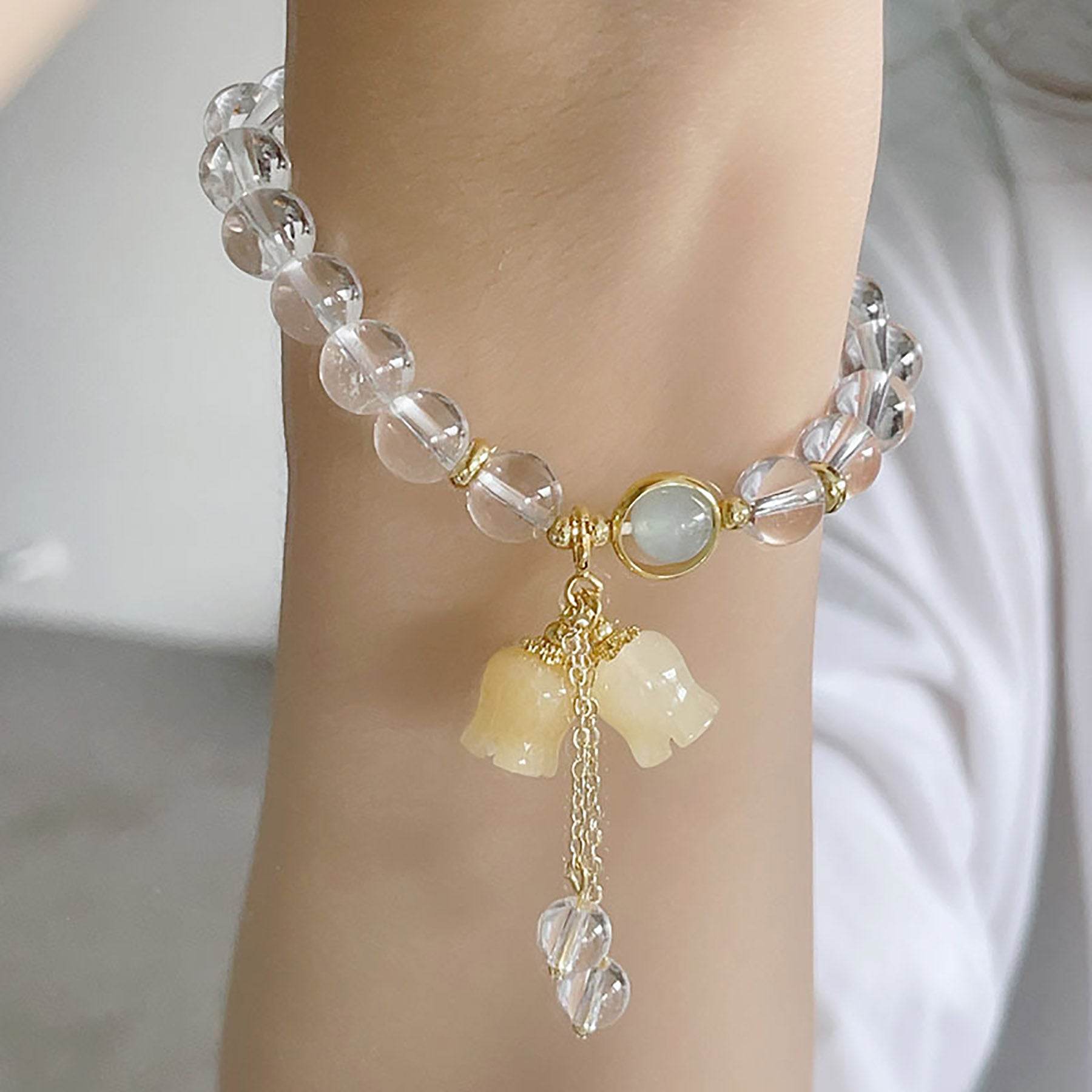 Clear Quartz Bracelet Lily Rose Flower Charm Feng Shui Wealth Crystal Bracelet for Prosperity Money - Loton Decor