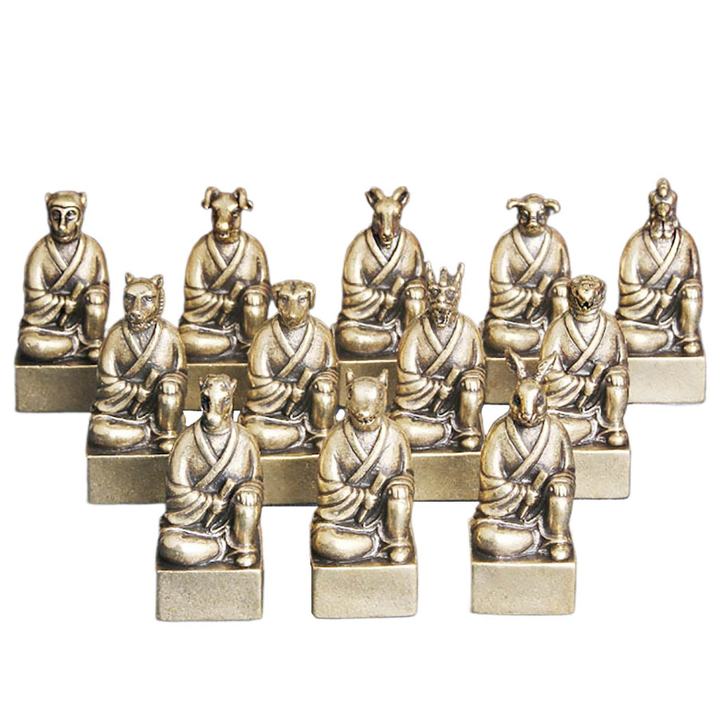 Brass 12 Zodiac Animals Signet Spiritual Animal Figurine Stamps Feng Shui Wealth Longevity Amulet - Loton Decor