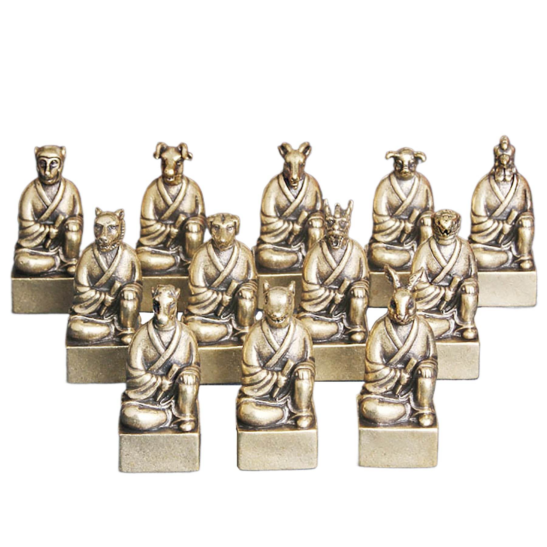 Brass 12 Zodiac Animals Signet Spiritual Animal Figurine Stamps Feng Shui Wealth Longevity Amulet - Loton Decor