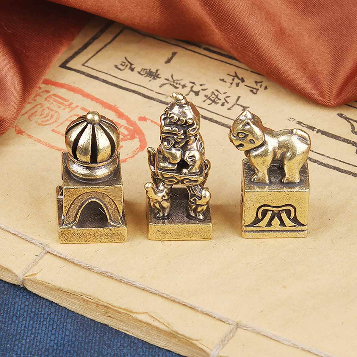 Brass Tibetan Auspicious Animal Signet Nepal Buddhist Metal Art Seal Feng Shui Wealth Stamps Xiezhi Dome Pavilion - Loton Decor