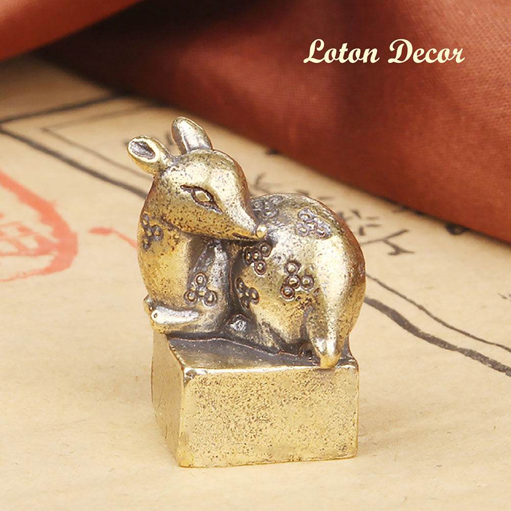 Brass Sika Deer Stamp Metal Art Forest Spiritual Animal Figurine Signet Feng Shui Wealth Amulet Seal for Tranquility Luck Happiness - Loton Decor