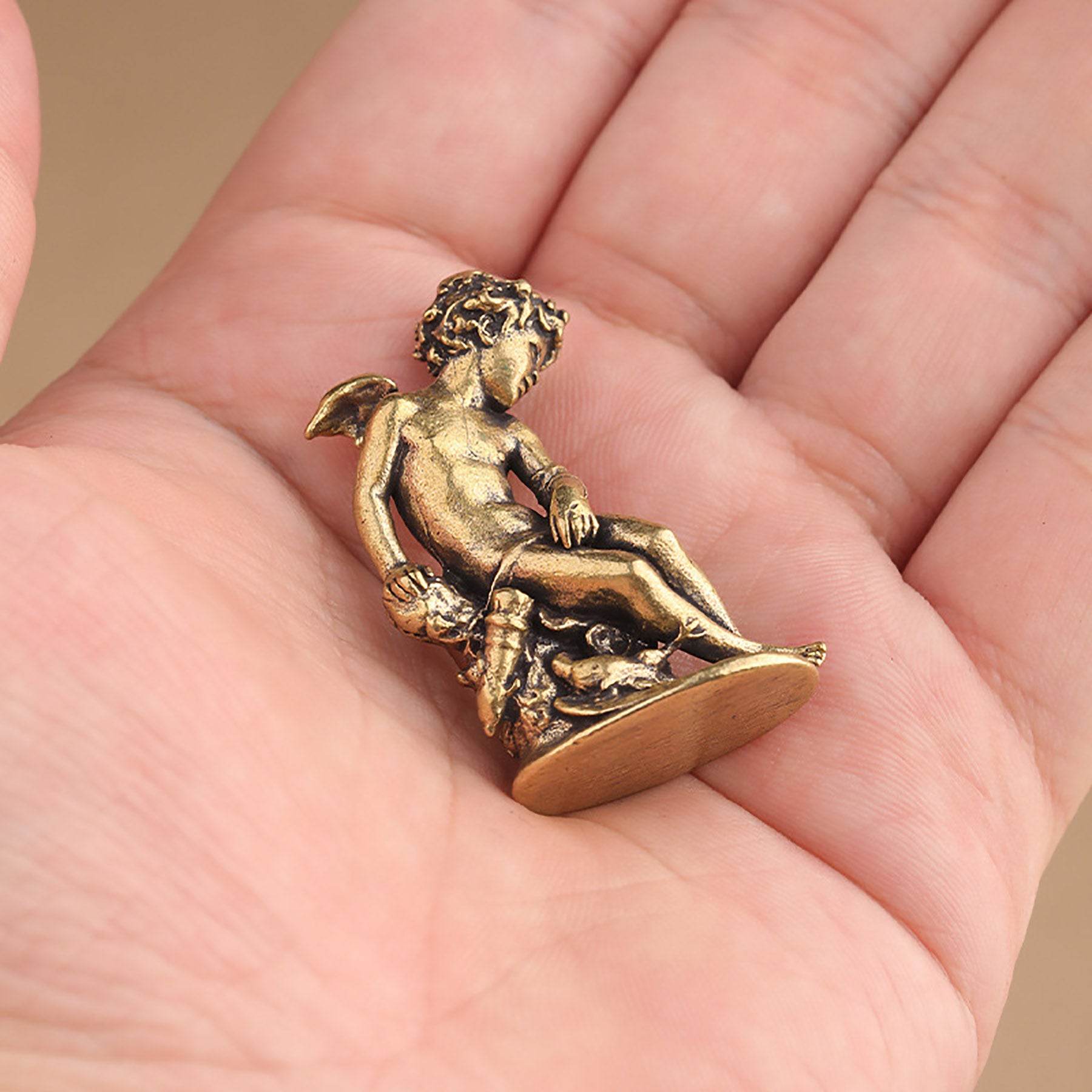 Solid Brass Cupid Miniature Statue God of Love Feng Shui Wealth Love Amulet for Prosperity Romance - Loton Decor